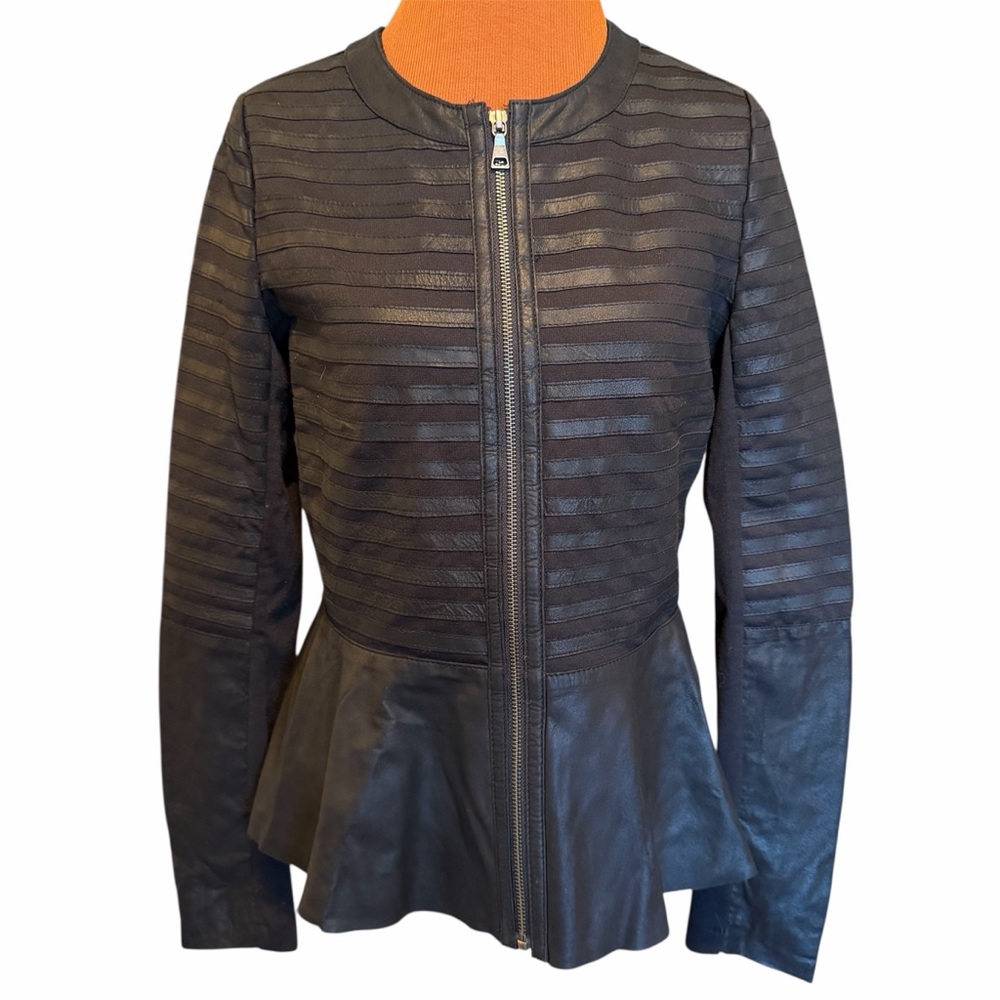 SAKS FIFTH AVENUE Genuine Leather Black Peplum Zip
Jacket Size L